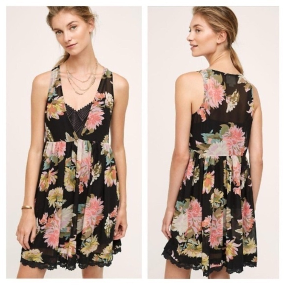 MAEVE Anthropologie Violetta Floral Print Black  Shift Dress Size Xsmall